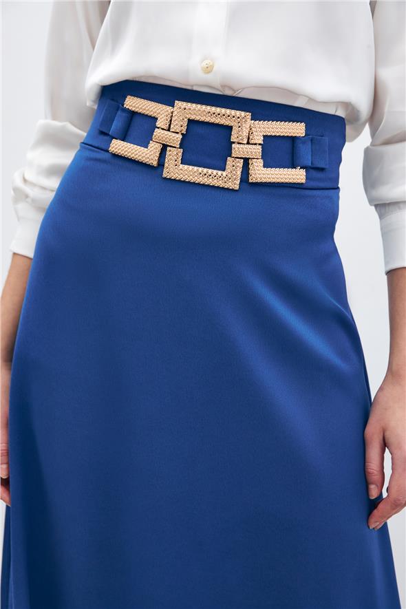 Bel Aksesuarlı Saten Krep Etek - Sax Mavi