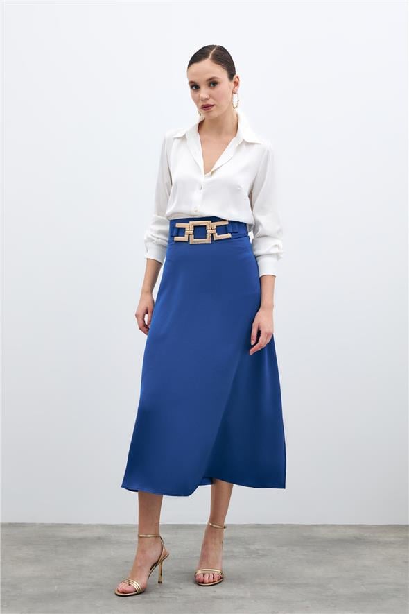 Bel Aksesuarlı Saten Krep Etek - Sax Mavi