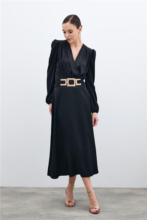 Bel Aksesuarlı Saten Krep Etek - Siyah