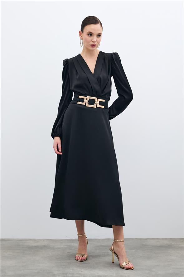 Bel Aksesuarlı Saten Krep Etek - Siyah