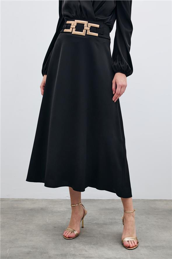 Bel Aksesuarlı Saten Krep Etek - Siyah