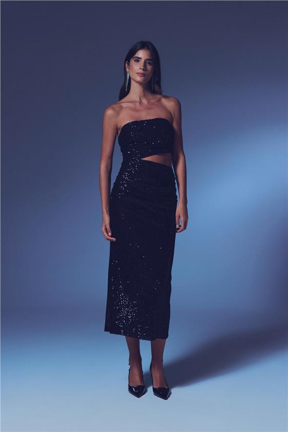 Bel Dekolteli Payet Elbise - Siyah