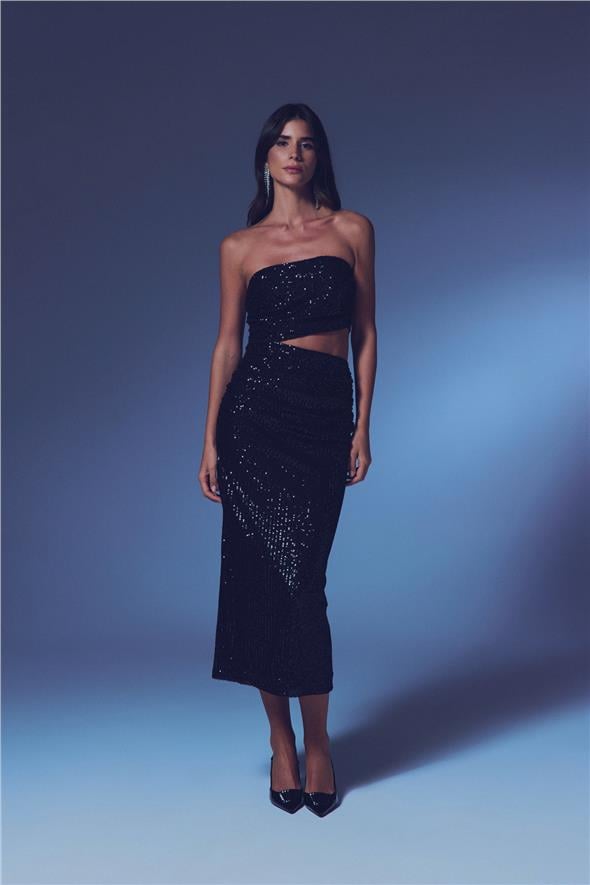 Bel Dekolteli Payet Elbise - Siyah