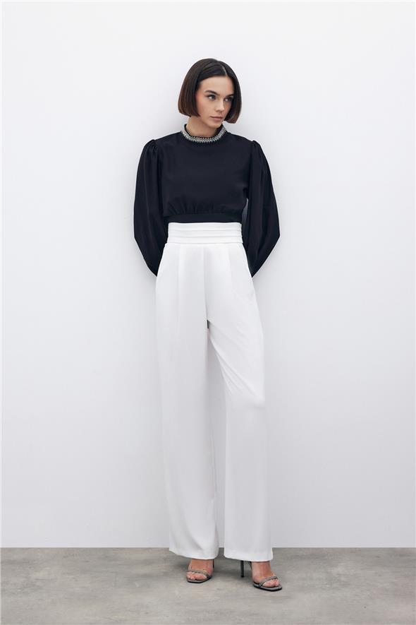Bel Detaylı Cepli Pantolon - Ekru