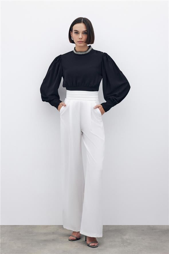 Bel Detaylı Cepli Pantolon - Ekru