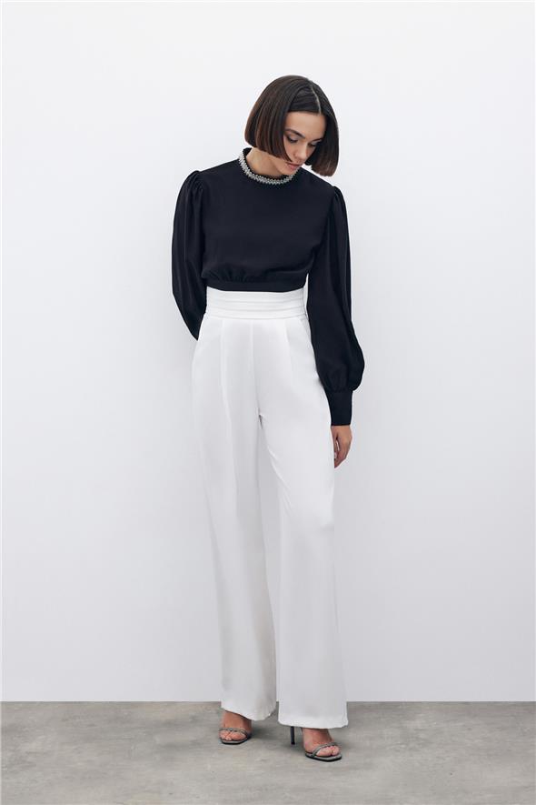 Bel Detaylı Cepli Pantolon - Ekru