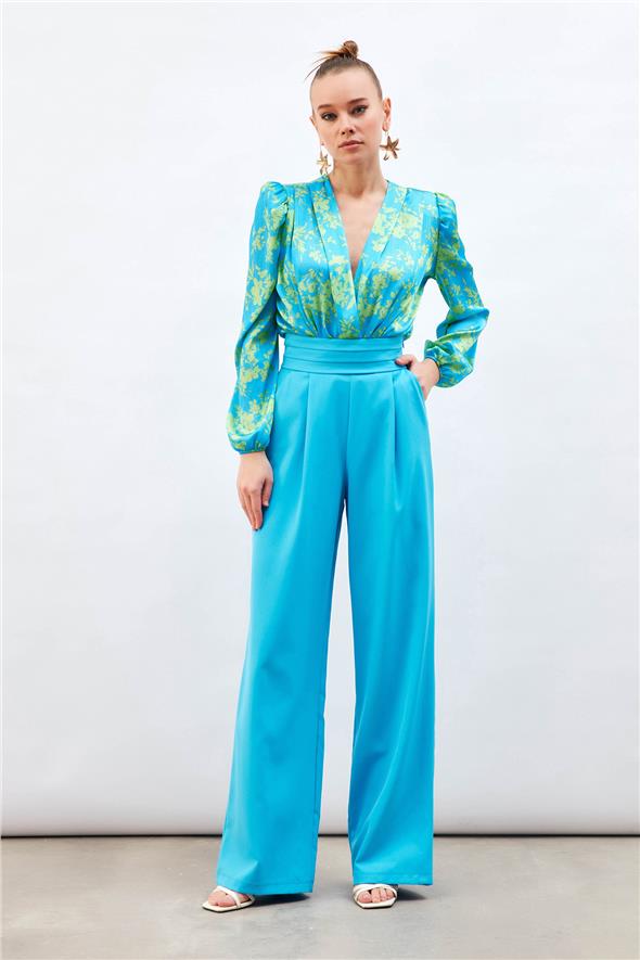 Bel Detaylı Cepli Pantolon - Mavi