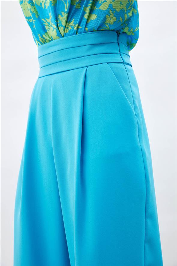 Bel Detaylı Cepli Pantolon - Mavi