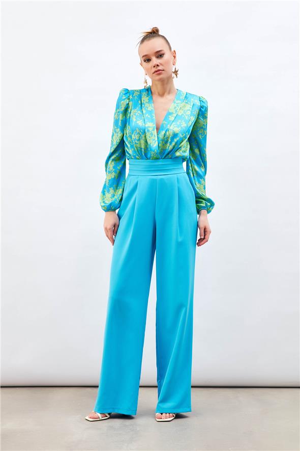 Bel Detaylı Cepli Pantolon - Mavi