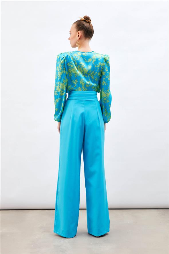 Bel Detaylı Cepli Pantolon - Mavi