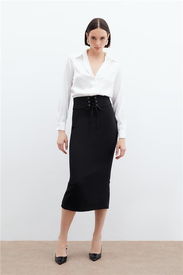 Bel Detaylı Kalem Etek - SİYAH