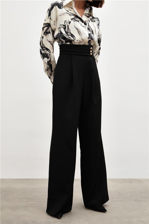 Bel Detaylı Pantolon - Siyah