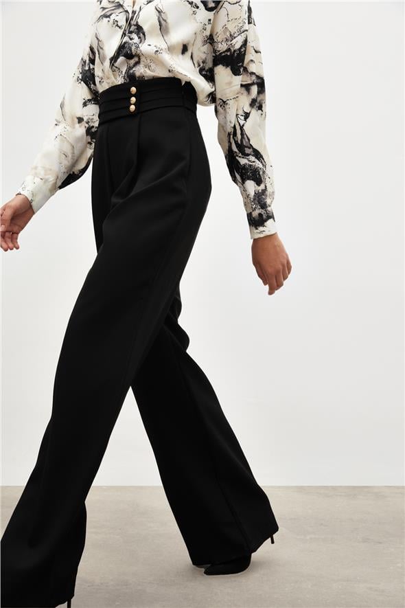 Bel Detaylı Pantolon - Siyah