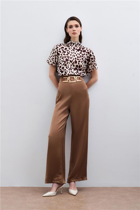 Bel Kemerli Saten Krep Pantolon - Camel