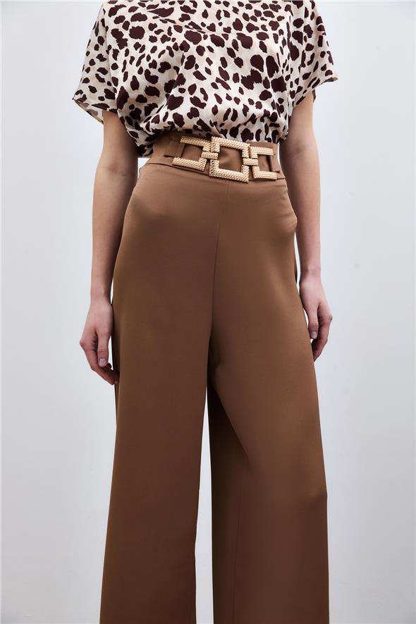 Bel Kemerli Saten Krep Pantolon - Camel