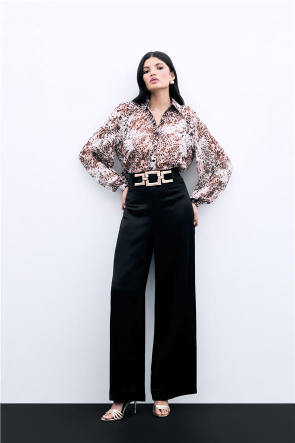 Bel Kemerli Saten Krep Pantolon - Siyah