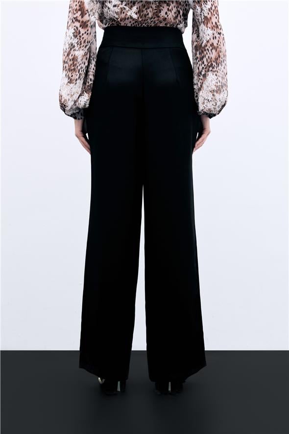 Bel Kemerli Saten Krep Pantolon - Siyah