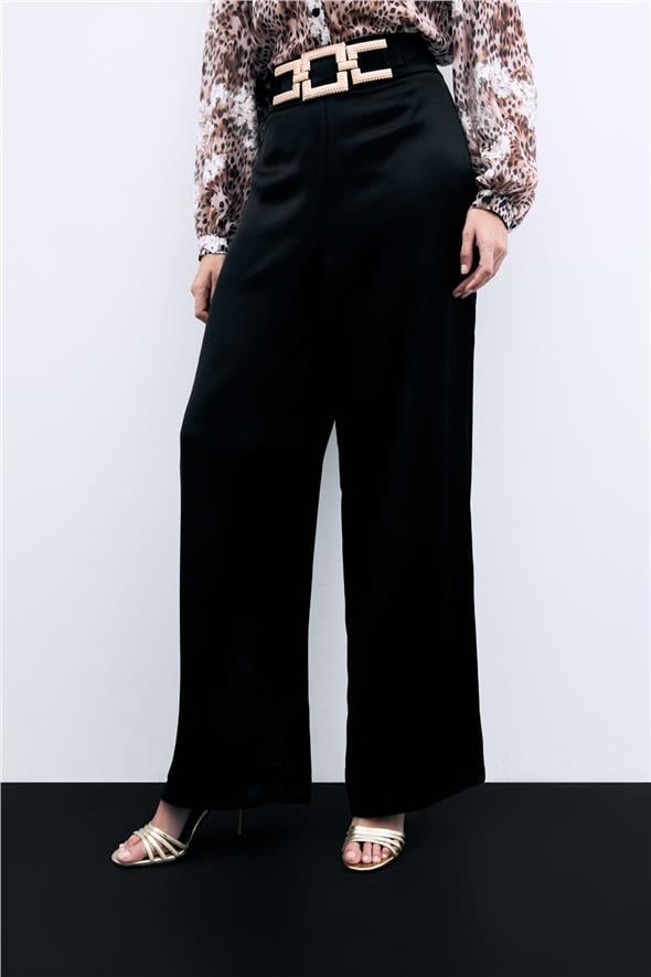 Bel Kemerli Saten Krep Pantolon - Siyah