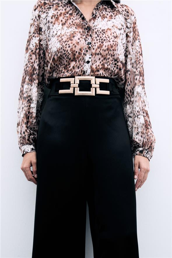 Bel Kemerli Saten Krep Pantolon - Siyah