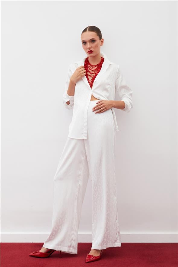 Bel Lastikli Desenli Pantolon - Ekru