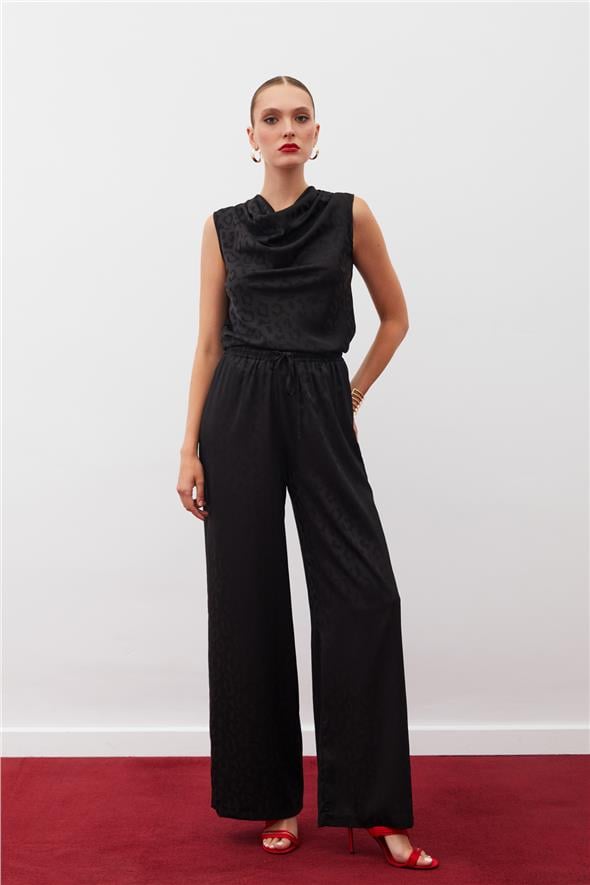 Bel Lastikli Desenli Pantolon - Siyah