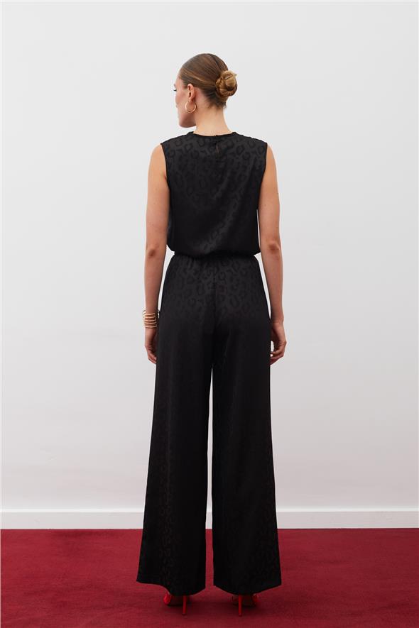 Bel Lastikli Desenli Pantolon - Siyah