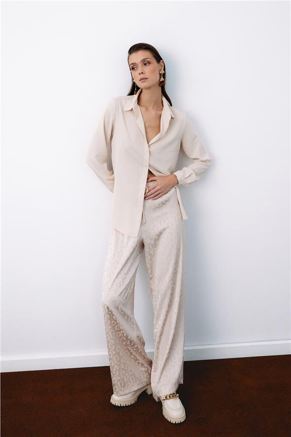 Bel Lastikli Desenli Pantolon - Taş