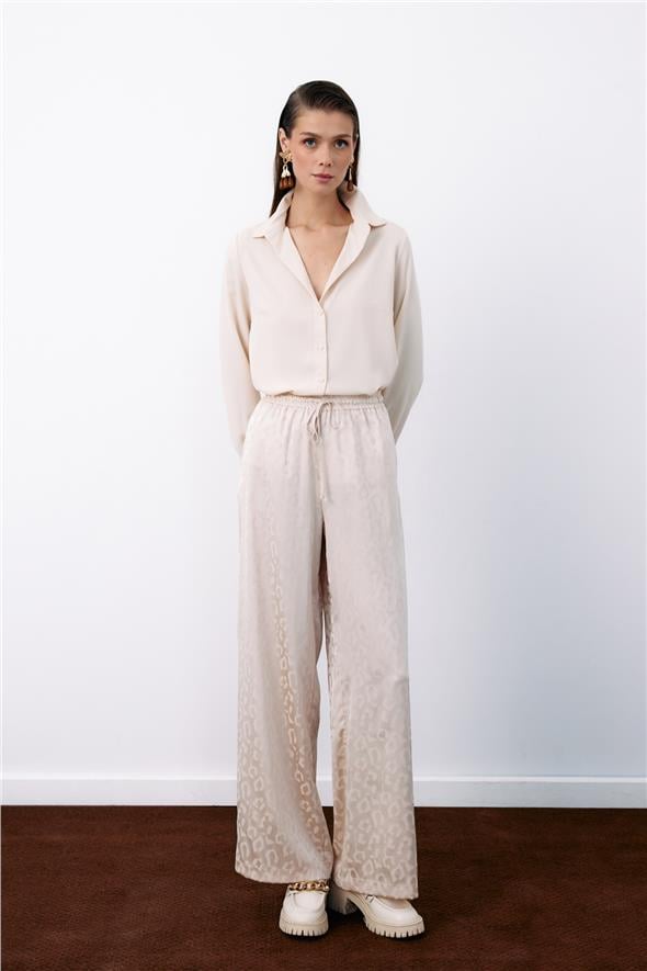 Bel Lastikli Desenli Pantolon - Taş