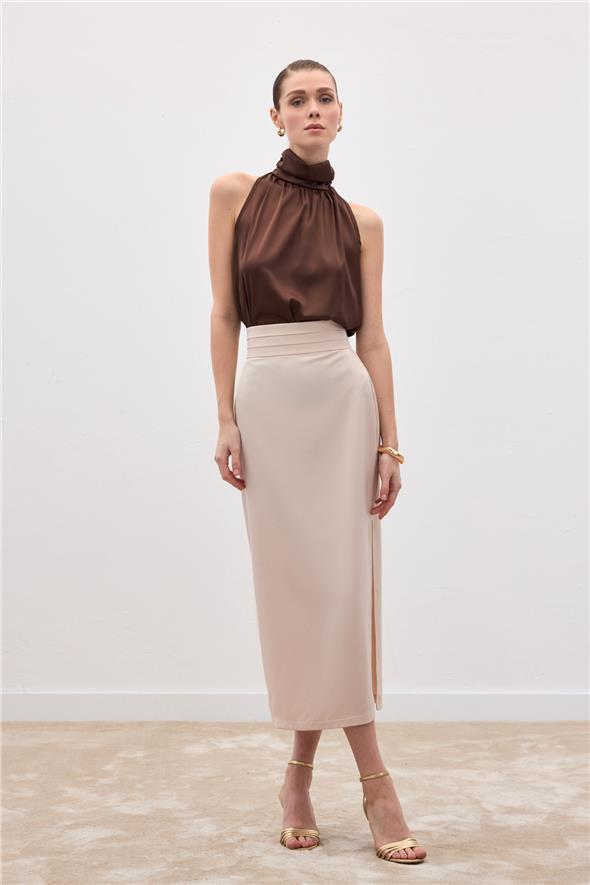 Bel Pile Detaylı Saten Etek - Bej