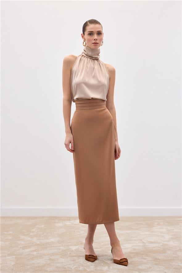 Bel Pile Detaylı Saten Etek - Camel