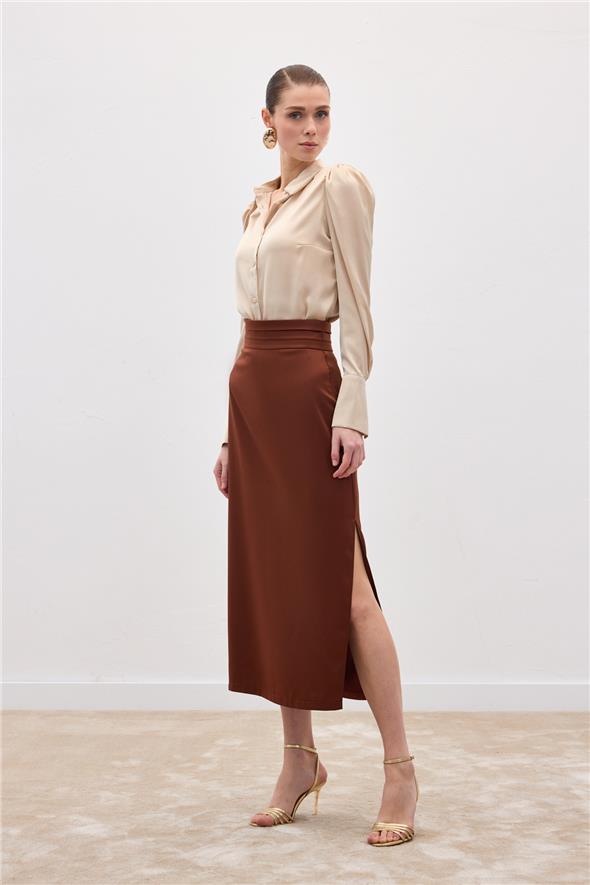 Bel Pile Detaylı Saten Etek - Kahve