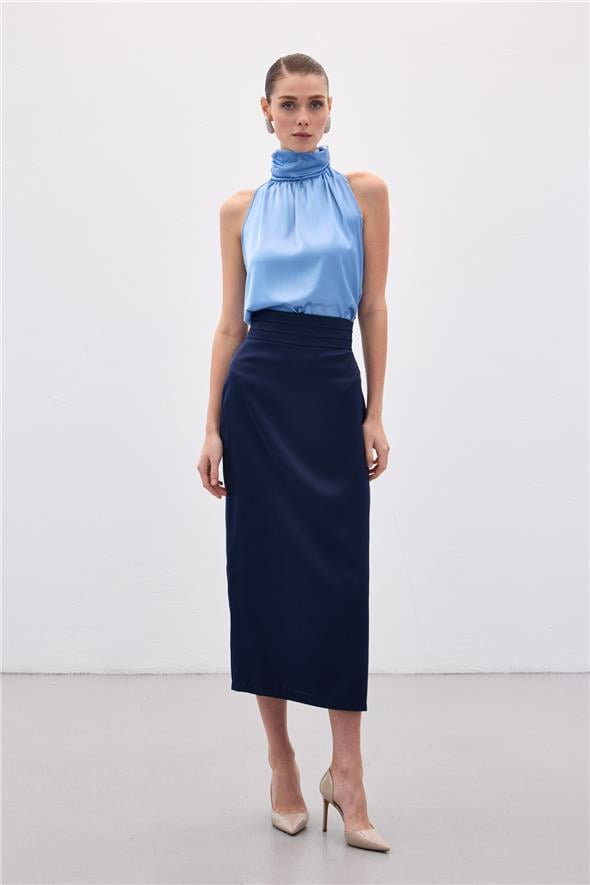 Bel Pile Detaylı Saten Etek - Lacivert