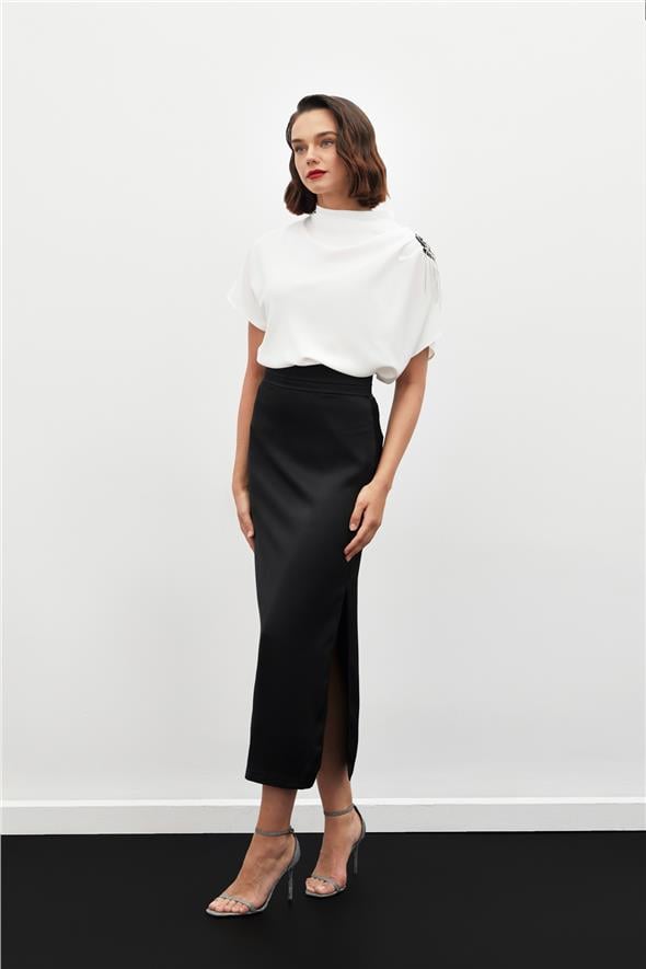 Bel Pile Detaylı Saten Etek - Siyah