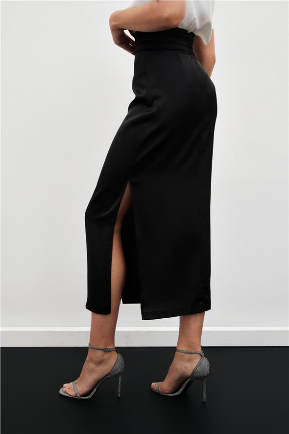 Bel Pile Detaylı Saten Etek - Siyah