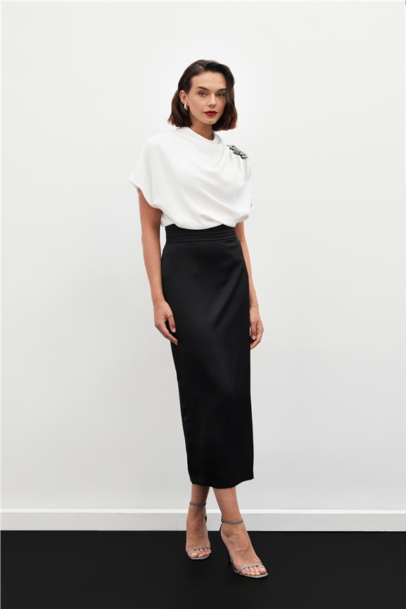 Bel Pile Detaylı Saten Etek - Siyah