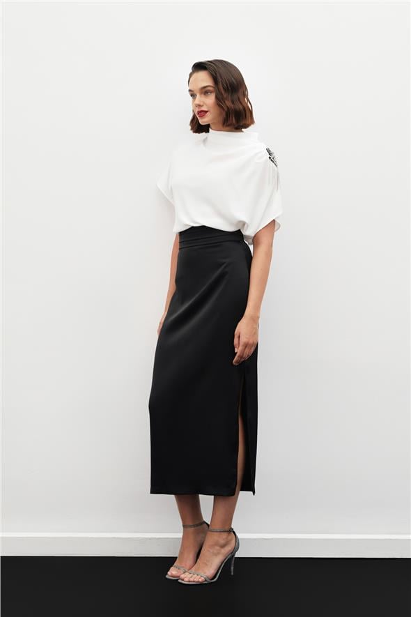 Bel Pile Detaylı Saten Etek - Siyah