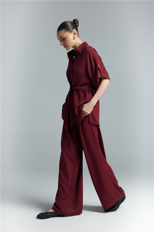 Beli Bağlamalı Kimono Gömlek - Bordo