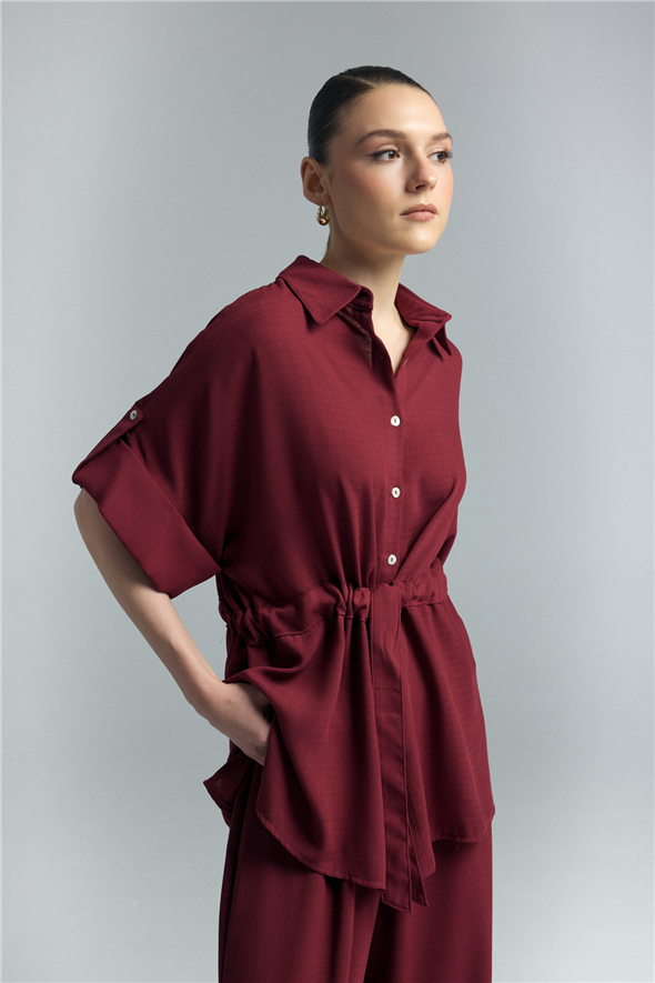 Beli Bağlamalı Kimono Gömlek - Bordo