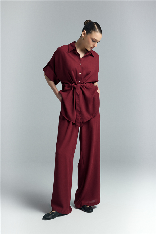 Beli Bağlamalı Kimono Gömlek - Bordo