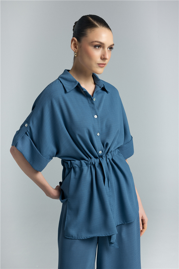 Beli Bağlamalı Kimono Gömlek - İndigo