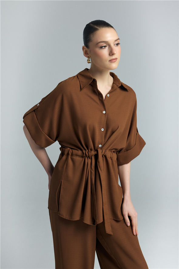Beli Bağlamalı Kimono Gömlek - Kahve
