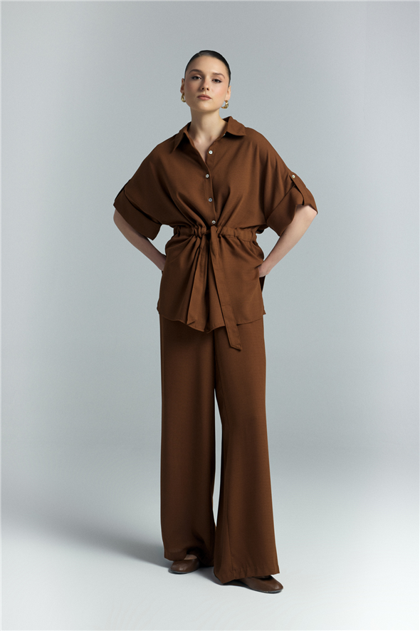 Beli Bağlamalı Kimono Gömlek - Kahve