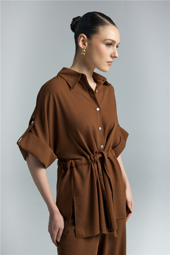 Beli Bağlamalı Kimono Gömlek - Kahve