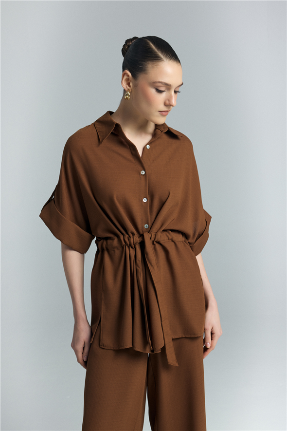 Beli Bağlamalı Kimono Gömlek - Kahve