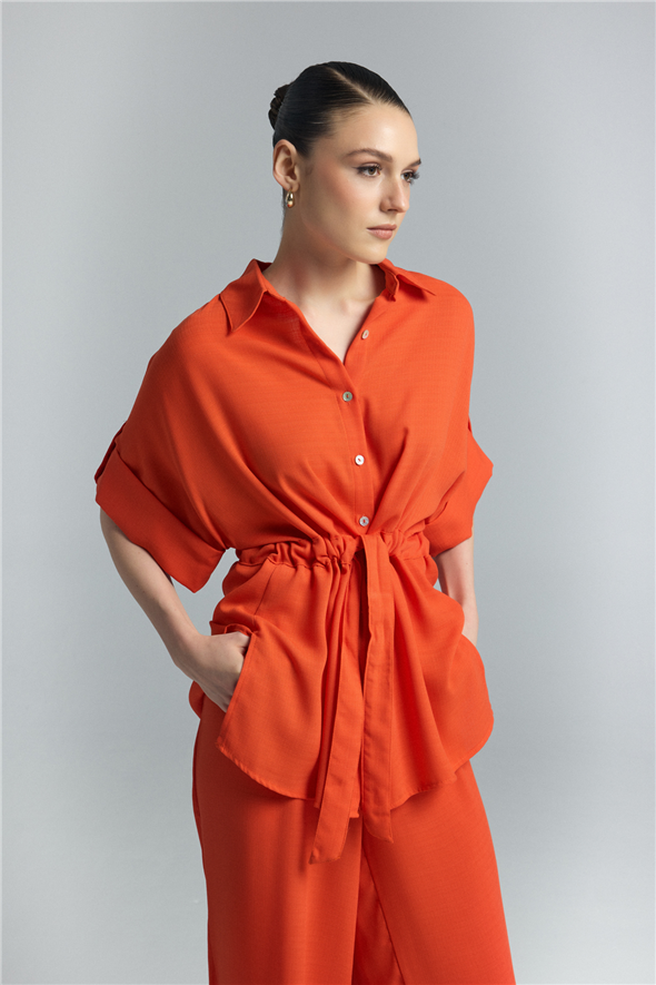 Beli Bağlamalı Kimono Gömlek - Oranj