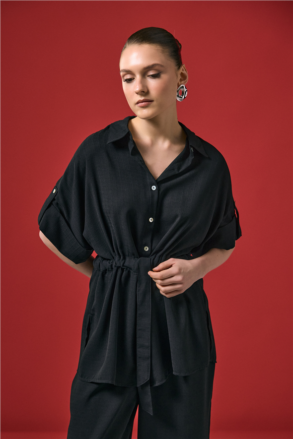 Beli Bağlamalı Kimono Gömlek - Siyah