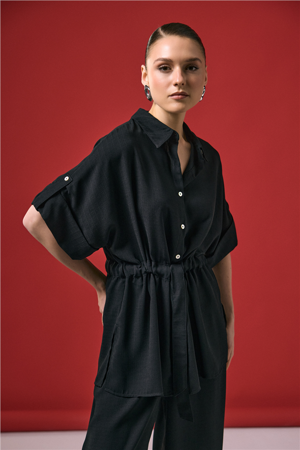 Beli Bağlamalı Kimono Gömlek - Siyah