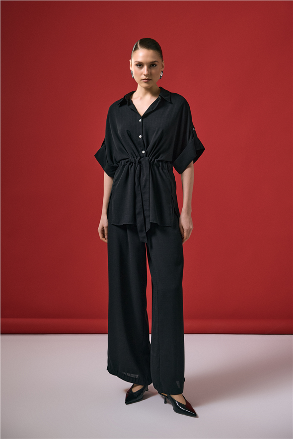 Beli Bağlamalı Kimono Gömlek - Siyah