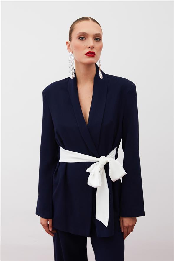 Beli Kuşaklı Uzun Ceket - Lacivert