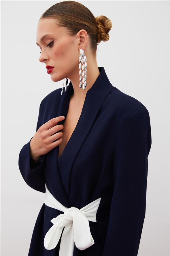 Beli Kuşaklı Uzun Ceket - Lacivert